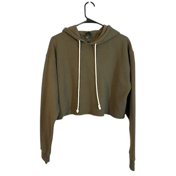 Wild Fable Olive Cropped Hooded Cut Off Casual Pullover Sweatshirt Women Sz S - Picture 1 of 9